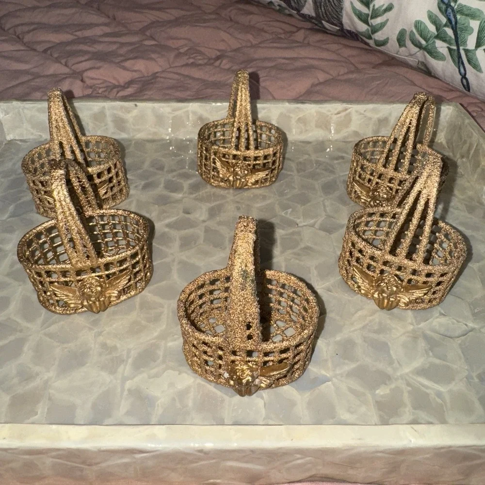 Gold Painted Napkin Ring Baskets With Cherub